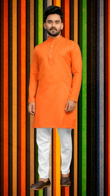 Mamta Biswas Men Solid Straight Kurta(Orange)
