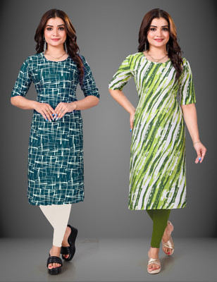 YATKSH Women Printed Straight Kurta(Green)