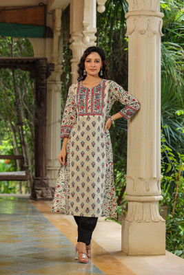 Rain & Rainbow Women Printed A-line Kurta(Brown)