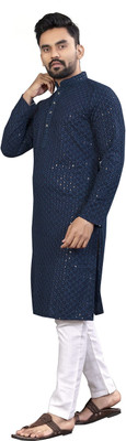 Krudha Men Embroidered A-line Kurta(Blue)