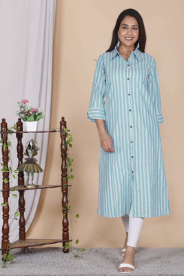 Mqueen Creation Women Striped A-line Kurta(Green)