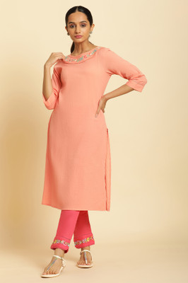 W Women Solid, Embroidered Straight Kurta(Orange)