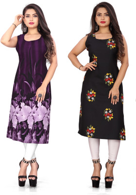 Modli 20 Fashion Women Floral Print Straight Kurta(Purple, Black)