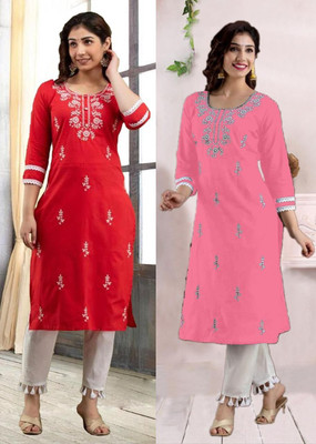vikshi Women Chikan Embroidery Straight Kurta(Multicolor)