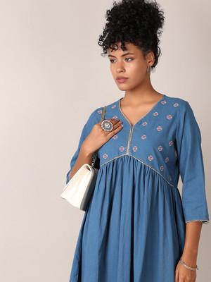 V-MART Women Embroidered A-line Kurta(Blue)