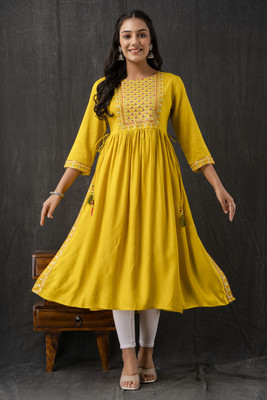 Raghulila Women Embroidered A-line Kurta(Yellow)