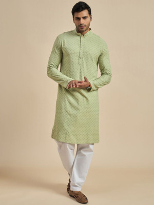 ANOUK Men Geometric Print Straight Kurta(Light Green)