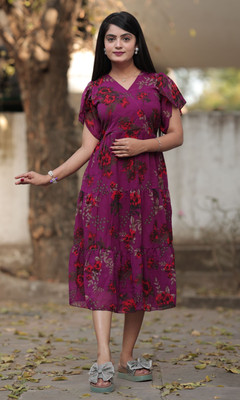 Parth Creation Women Floral Print Flared Kurta(Purple)