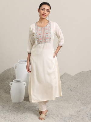 LIBAS Women Embroidered Straight Kurta(White)