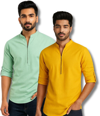 CROWNTAIL Men Solid Straight Kurta(Light Blue, Yellow)