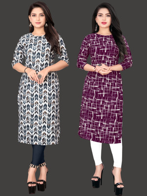 KASASKA Women Printed Straight Kurta(Purple, Grey)