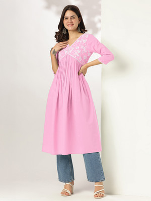Janasya Women Embroidered A-line Kurta(Pink)