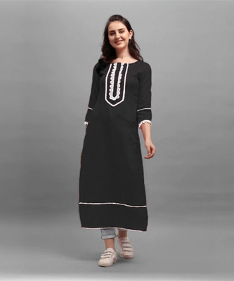 RADHA MADHAV Women Patchwork A-line Kurta(Black)