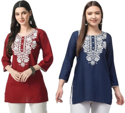 Synthify Women Chikan Embroidery A-line Kurta(Maroon, Dark Blue)