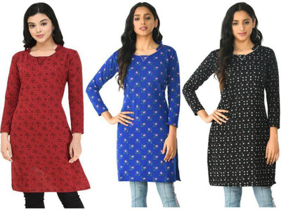 Indeweaves Women Floral Print A-line Kurta(Maroon, Brown, Blue)