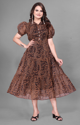 QUEUEE CREATION Women Printed Flared Kurta(Brown)