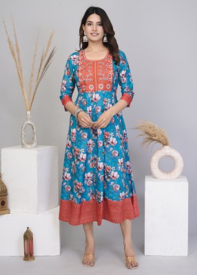 Mayra Women Printed Flared Kurta(Blue)