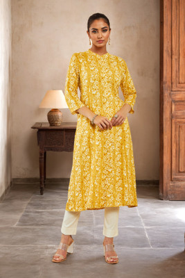 soch Women Printed Straight Kurta(Yellow)