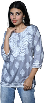 Shakirtextils Women Chikan Embroidery Ethnic Dress Kurta(Grey)