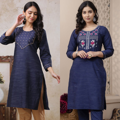 AuzaSho Collection Women Embroidered Straight Kurta(Blue)