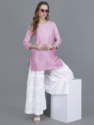 SHREE SHYAM FEBRIC Women Chikan Embroidery Straight Kurta(Pink)