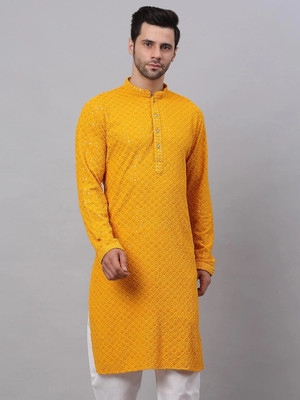 HouseOfCommon Men Chikan Embroidery A-line Kurta(Yellow)