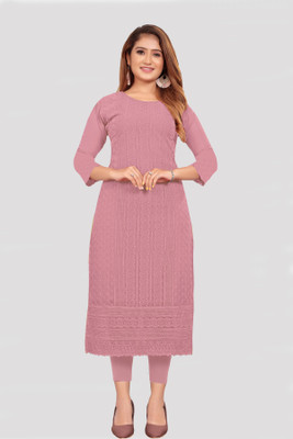 KAYRAAH FASHION Women Chikan Embroidery Straight Kurta(Pink)