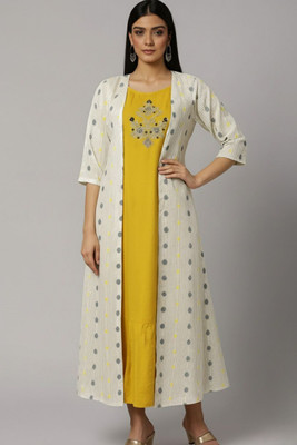 Seabrand Women Printed A-line Kurta(Yellow)