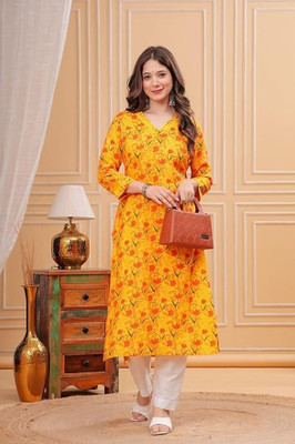 PARTHVI Women Printed Straight Kurta(Yellow)