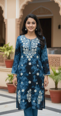 CHIKANKALA Women Embroidered, Dyed/Ombre Straight Kurta(Black)