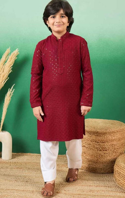 HouseOfCommon Boys Embroidered Straight Kurta(Maroon)