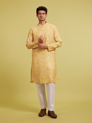 DIWAS by Manyavar Men Abstract Straight Kurta(Yellow)