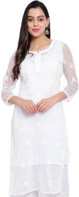 Mrs Right Women Chikan Embroidery A-line Kurta(White)