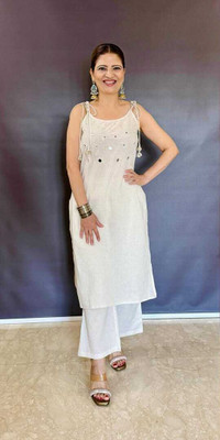 ahil Women Embroidered Straight Kurta(White)