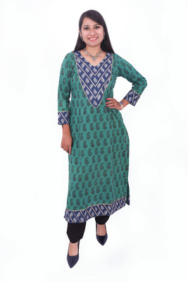 weavers saga Women Printed Straight Kurta(Green)