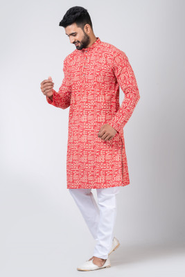 Rainbow Cloths Men Kalamkari Straight Kurta(Red, White)