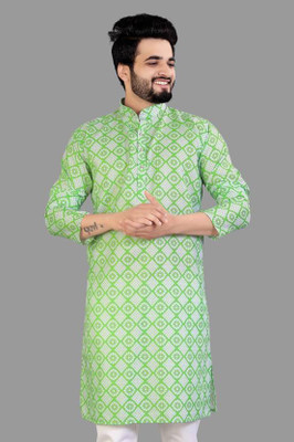 DHASU TRENDZ Men Printed Straight Kurta(Light Green)