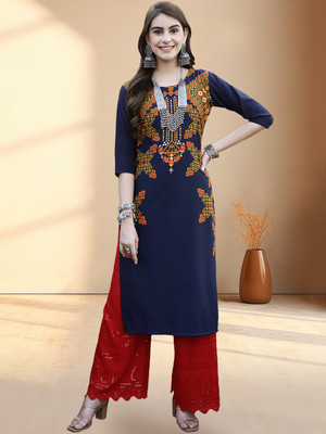1 Stop Fashion Women Printed A-line Kurta(Dark Blue)