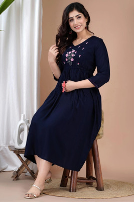 Kiaaron Women Solid Anarkali Kurta(Blue)