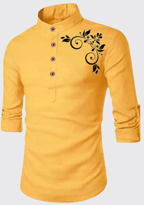 DEEMOON Men Printed Straight Kurta(Yellow)