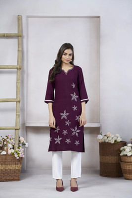 tckty Women Printed Straight Kurta(Purple)