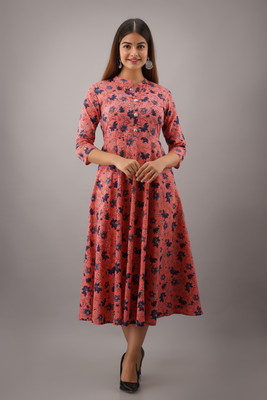 Loom Women Printed Flared Kurta(Pink)