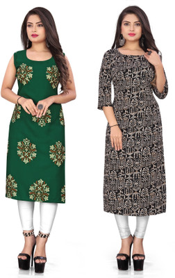 Hiral Creation Women Printed Straight Kurta(Green, Black)