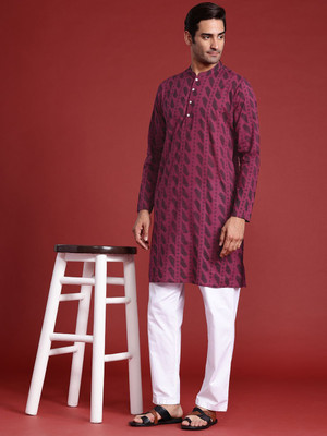 ANOUK Men Geometric Print Straight Kurta(Brown)