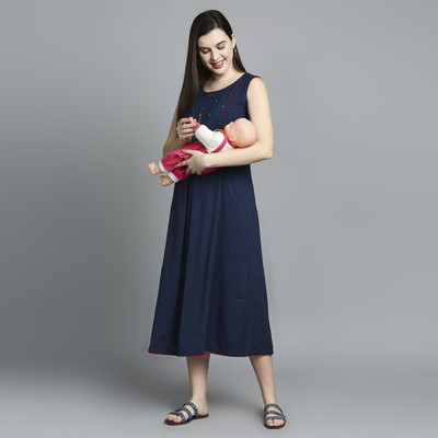 TRUE SHAPE Women Embroidered Flared Kurta(Dark Blue)