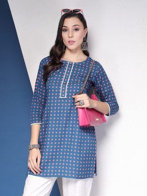 Daevish Women Polka Print Straight Kurta(Light Blue)
