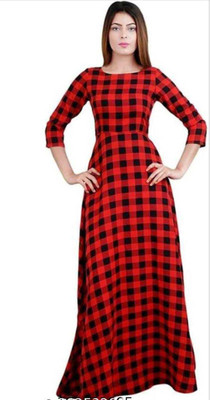 Aniya Women Checkered Gown Kurta(Red, Black)