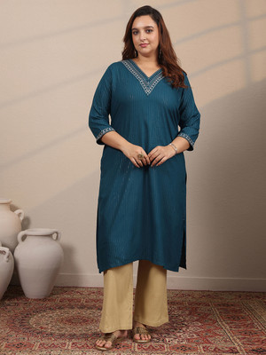 EXTRA LOVE BY LIBAS Women Embellished Straight Kurta(Blue)