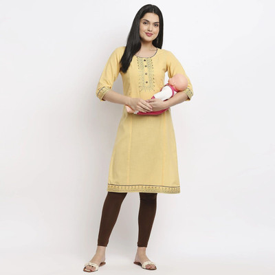TRUE SHAPE Women Embroidered Straight Kurta(Beige)