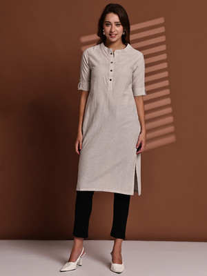 Enchanted Drapes Women Striped Straight Kurta(Beige)